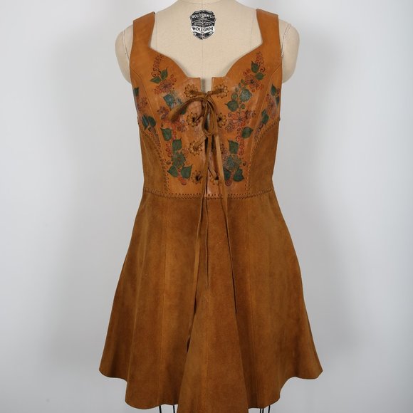 Char Dresses & Skirts - Vintage CHAR Leather Dress 70s Hippie Boho Handmade Hand Painted Florals